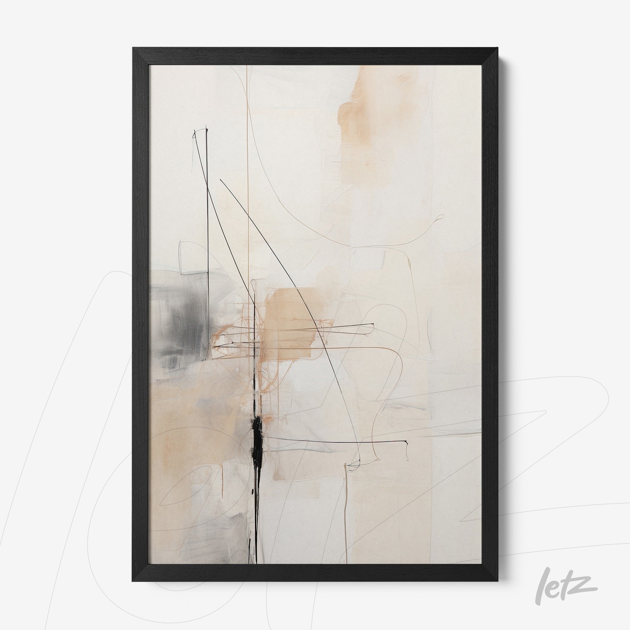 framed art piece featuring abstract design in neutral tones with black lines
