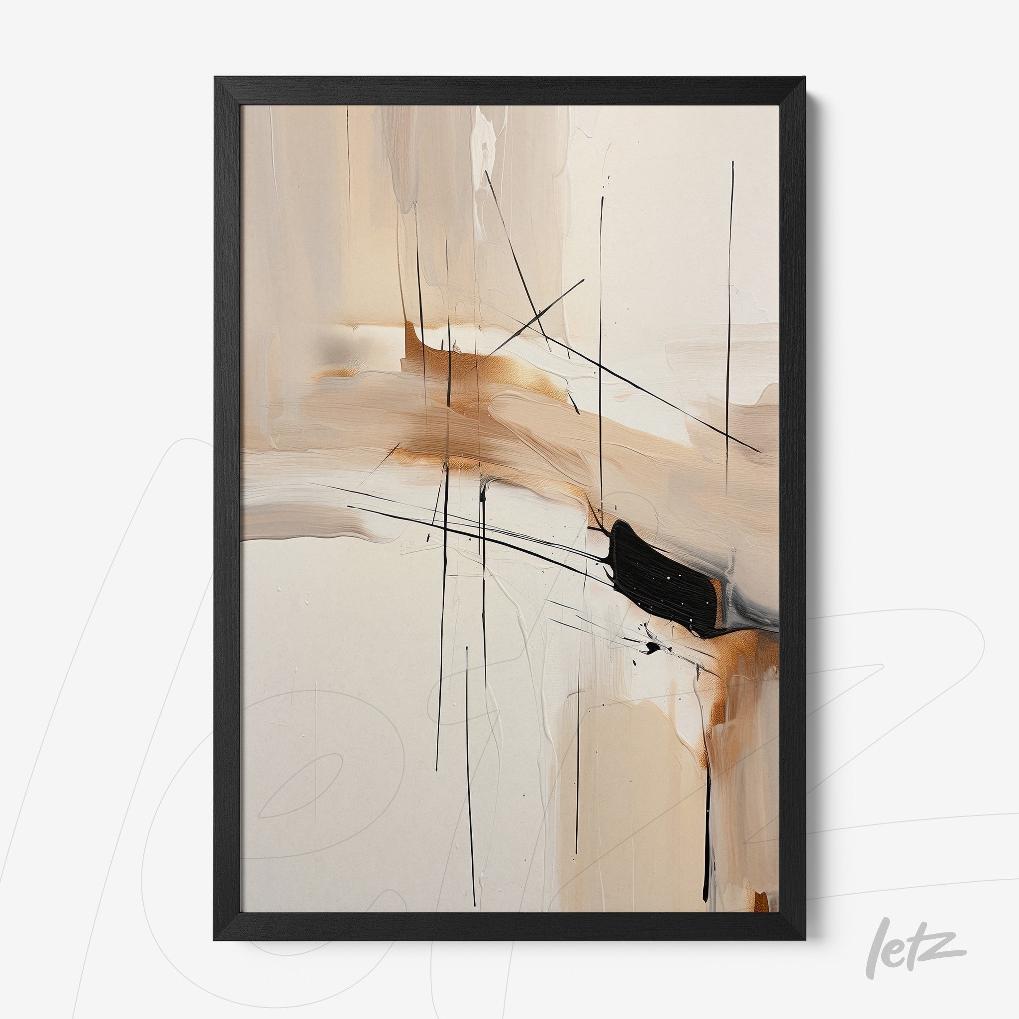 framed abstract art piece in shades of beige and black with a sleek black frame
