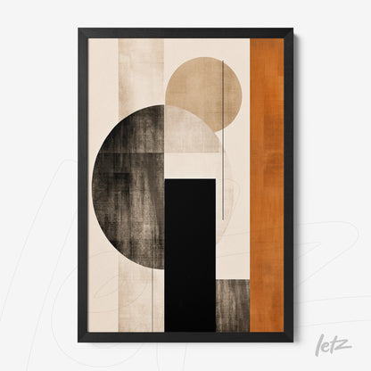 abstract wall art in shades of black, brown, and orange with a thin black frame