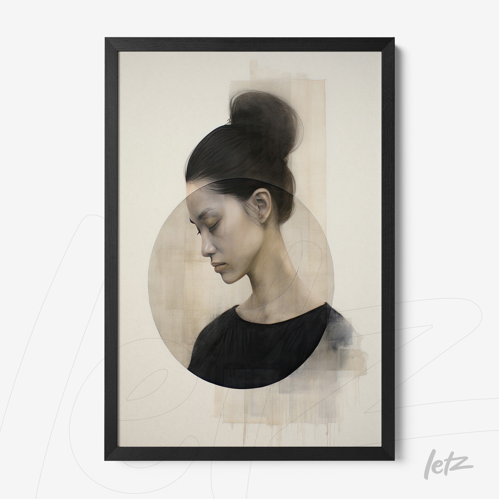 framed modern art featuring a female profile in neutral tones with a black frame