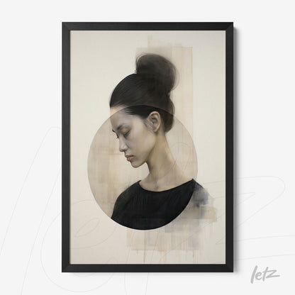 framed modern art featuring a female profile in neutral tones with a black frame