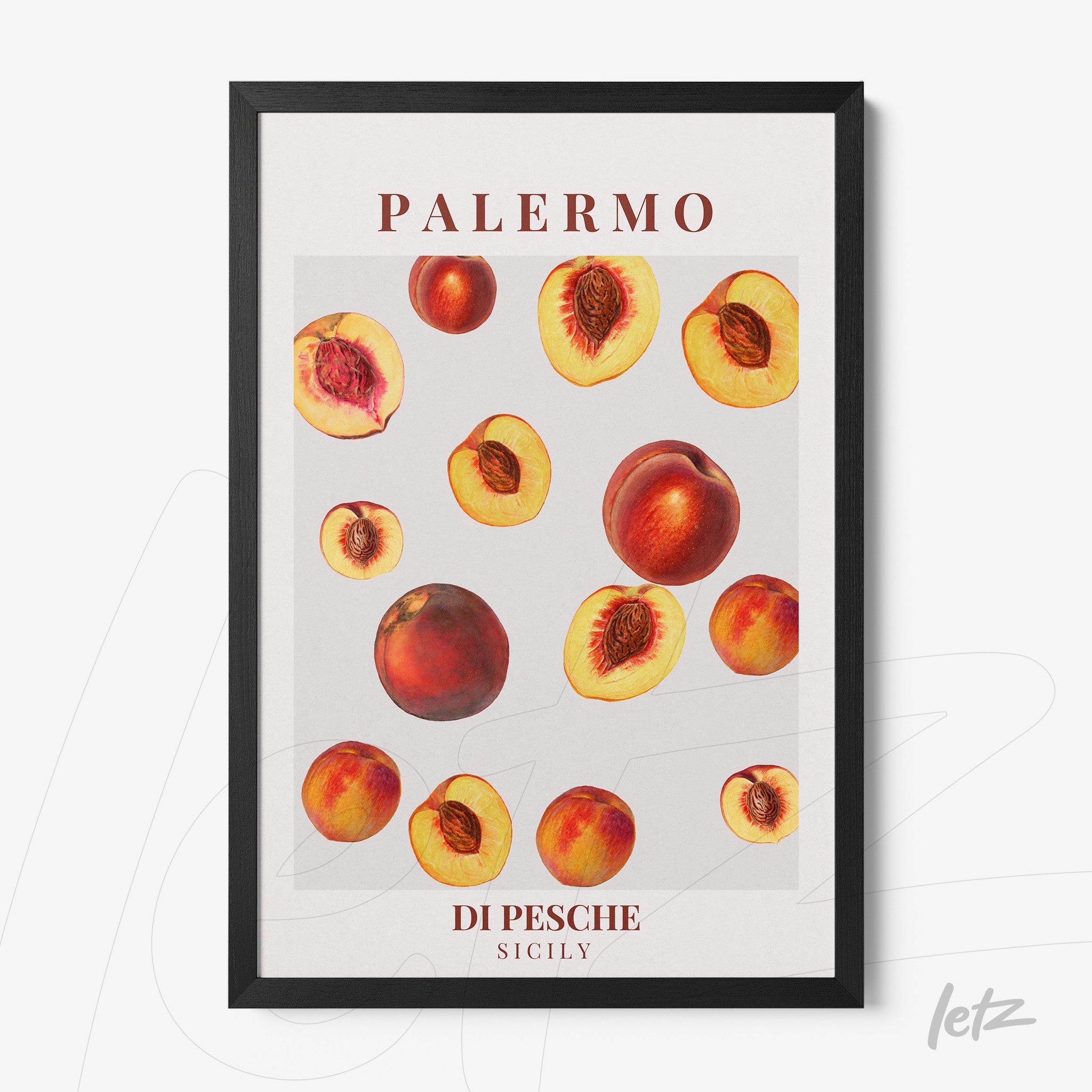 framed wall art featuring stylized peaches on a light background with black frame