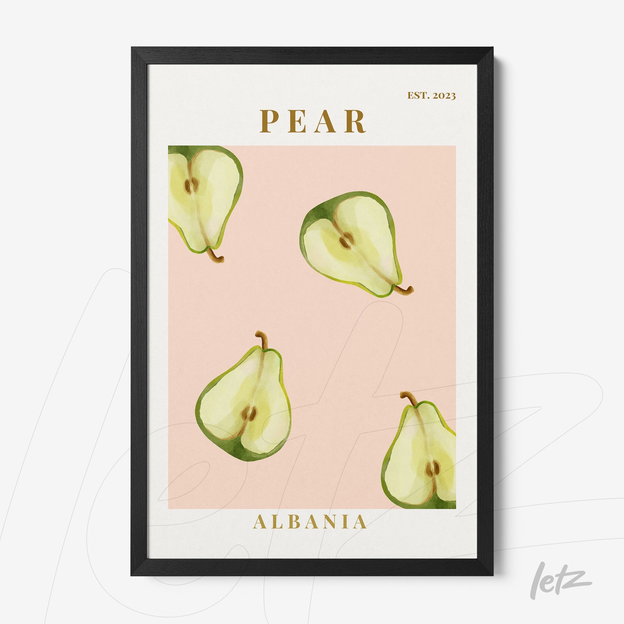 framed wall art featuring pears on a pink background with 'PEAR' in gold lettering