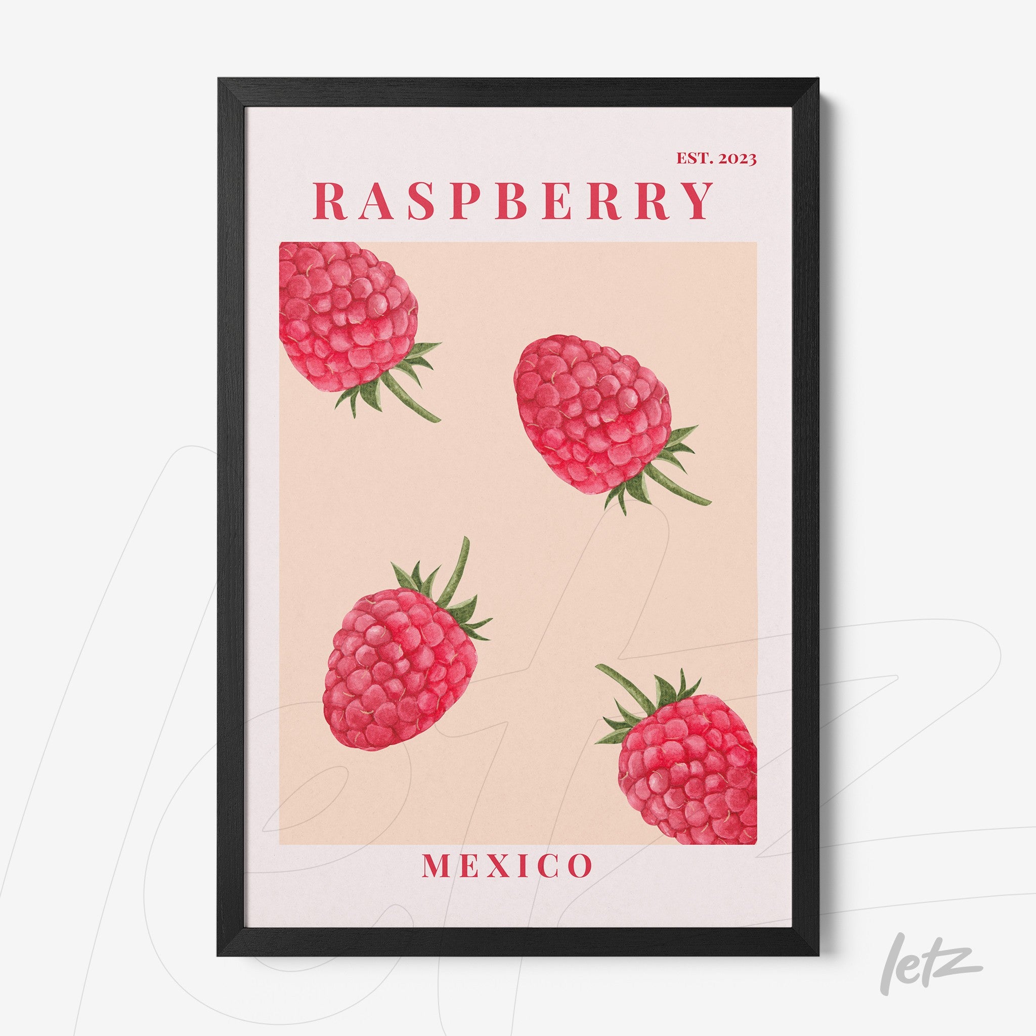 framed artwork featuring raspberries on light pink background with black frame