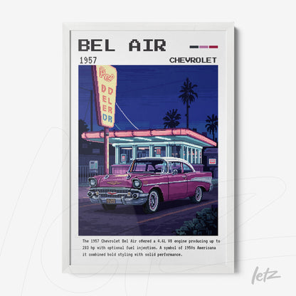 framed retro artwork of a pink Chevrolet Bel Air on a neon-lit street in front of a classic diner