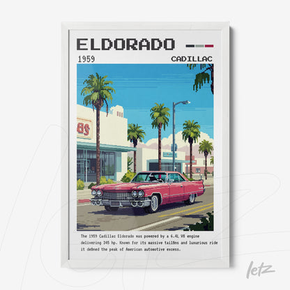 framed digital art of a 1959 Cadillac Eldorado in retro style, featuring a white frame and a palm-lined boulevard background