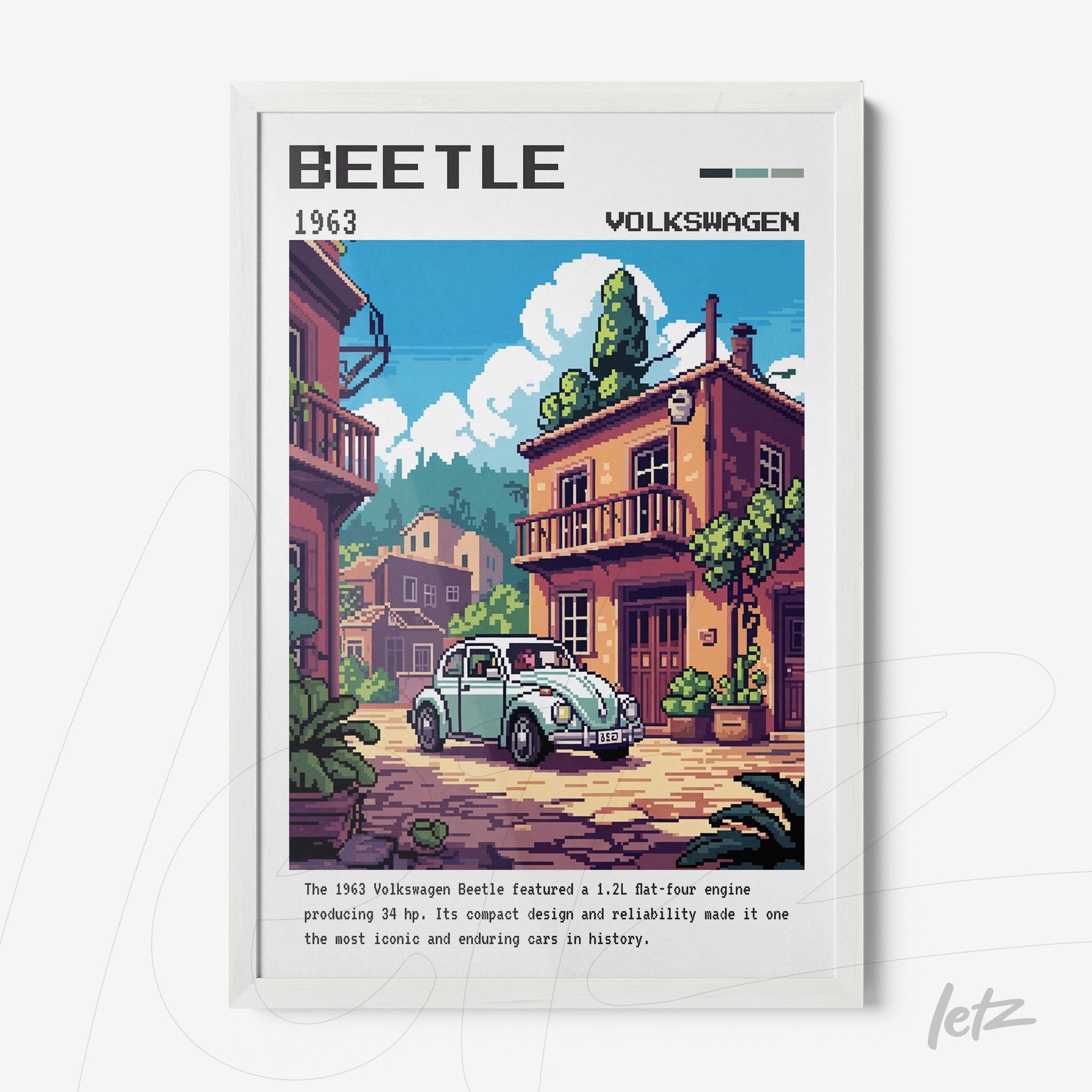 pixel art of a 1963 volkswagen beetle in a white frame
