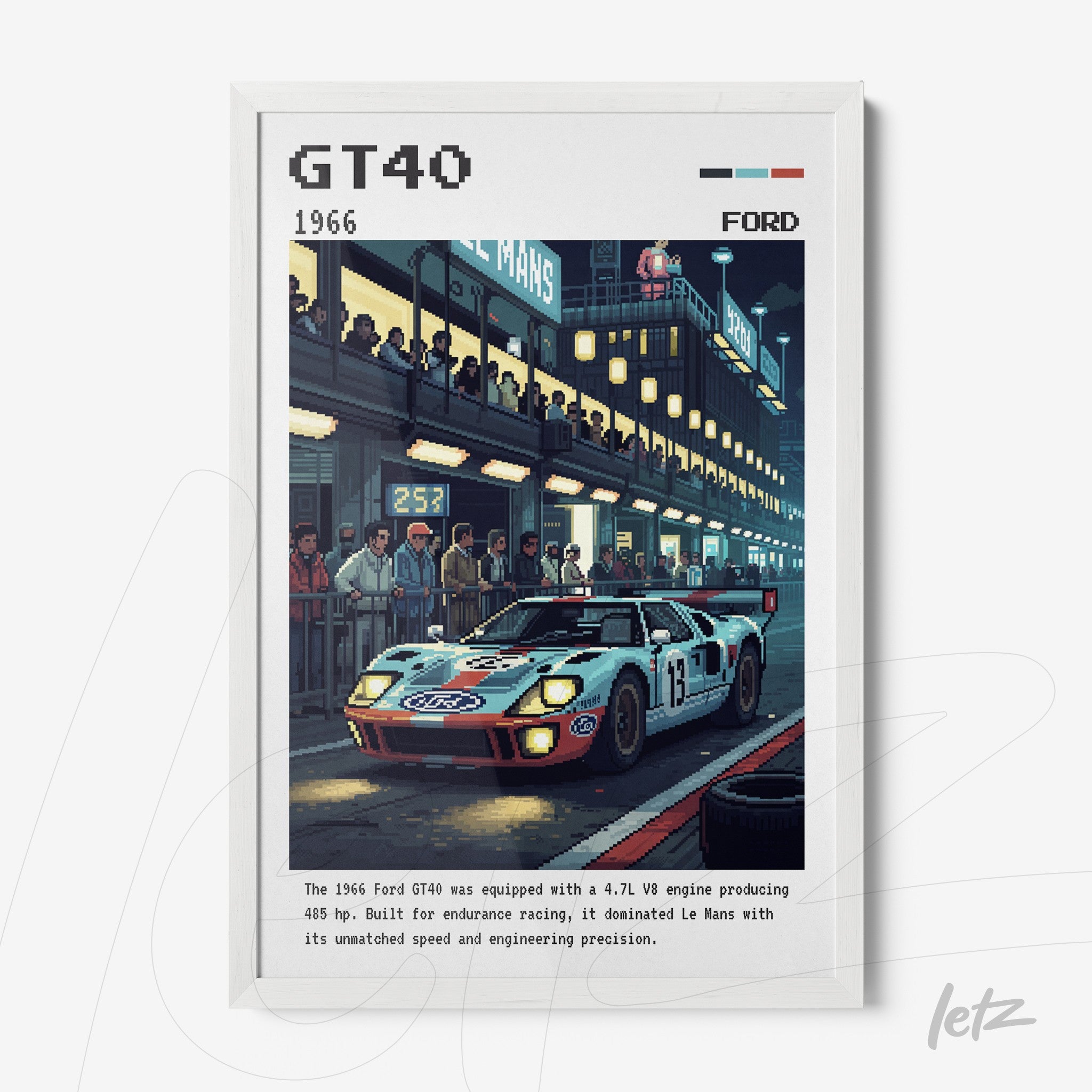framed retro artwork of the Ford GT40 race car with a white frame