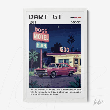 retro style digital art of a 1968 Dodge Dart GT parked in front of the Dodge Motel