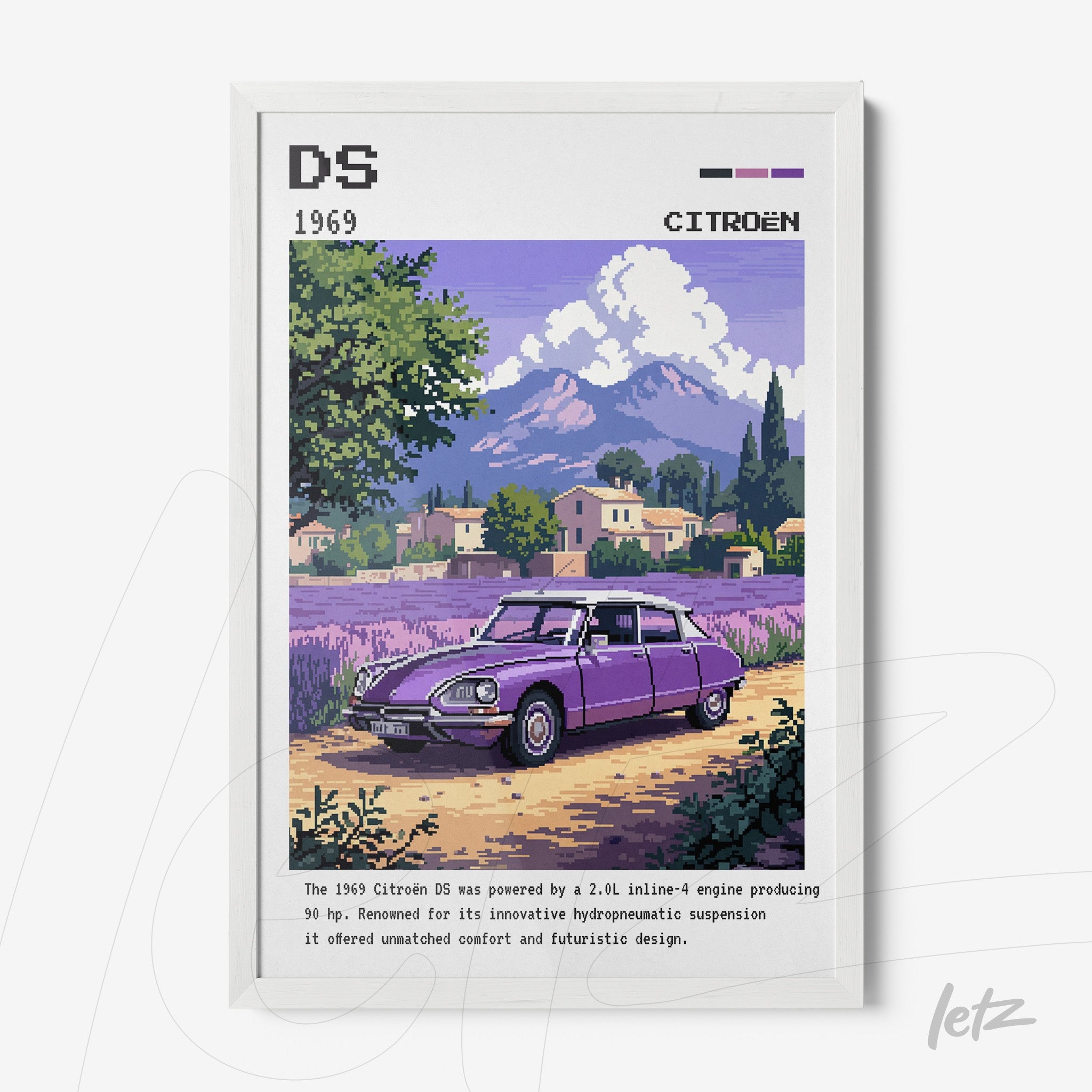pixel art framed illustration of a purple 1969 Citroën DS in a rural setting with mountains in the background and lavender flowers in the foreground