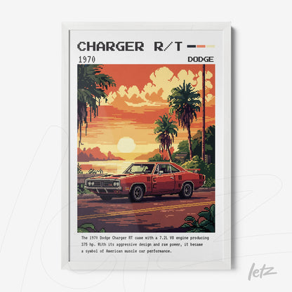 retro style wall art featuring a red Dodge Charger R/T set against a tropical landscape with palm trees