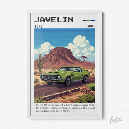 pixel art depiction of the 1973 AMC Javelin car in a white frame