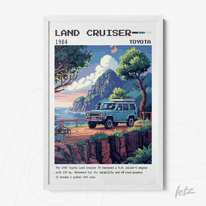 framed pixel art of a 1984 Toyota Land Cruiser in a coastal mountain scene