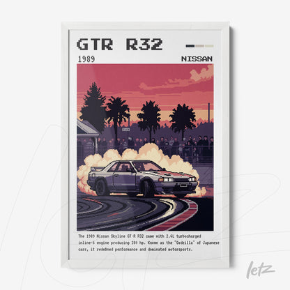 retro style framed art of a Nissan GTR R32 car on track with a white frame