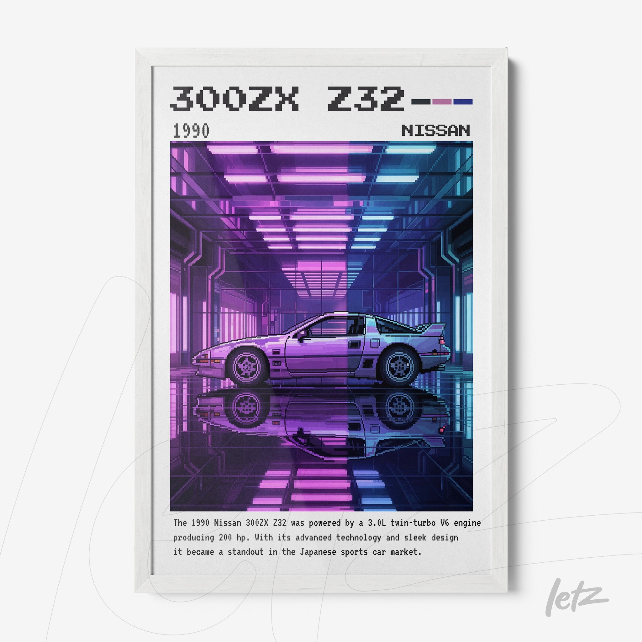 digital art print of 1990 nissan 300zx z32 sports car with vibrant neon background in white frame