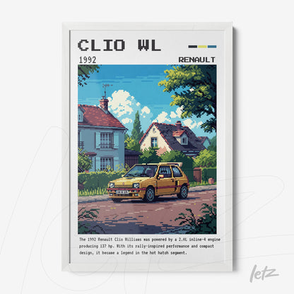 pixel art print featuring a 1992 renault clio williams on a residential street with white frame