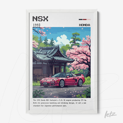 pixel art print of a red Honda NSX in front of a Japanese temple surrounded by cherry blossom trees in a white frame