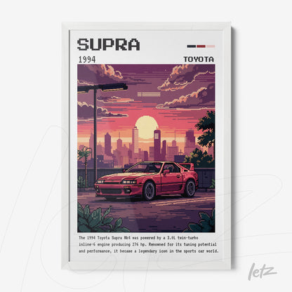 pixel art framed print of a 1994 Toyota Supra sports car in an urban sunset scene with white frame