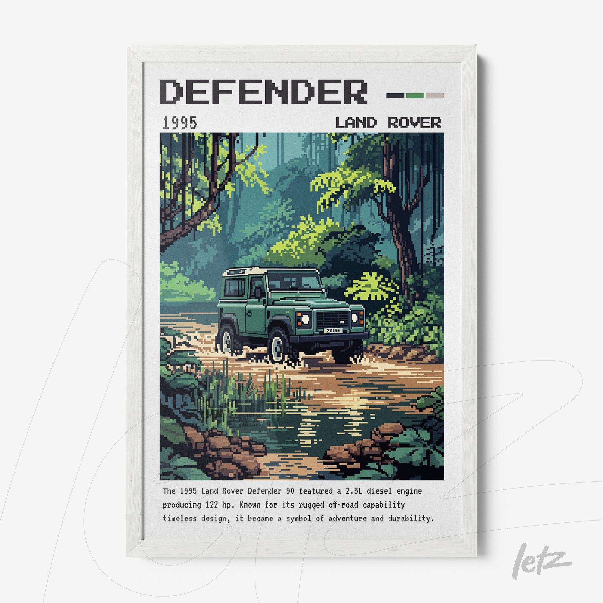 framed pixel art illustration of a Land Rover Defender in a forest setting