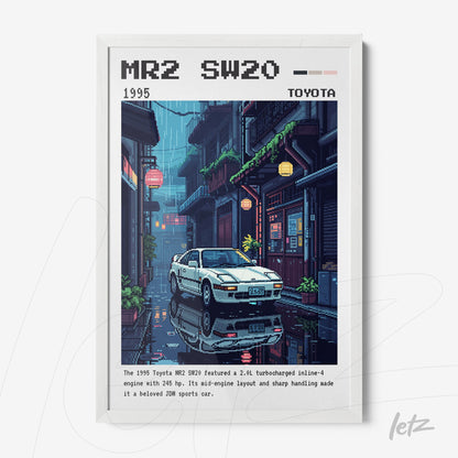 pixel art framed print of a Toyota MR2 SW20 car on a neon-lit city street with a white frame