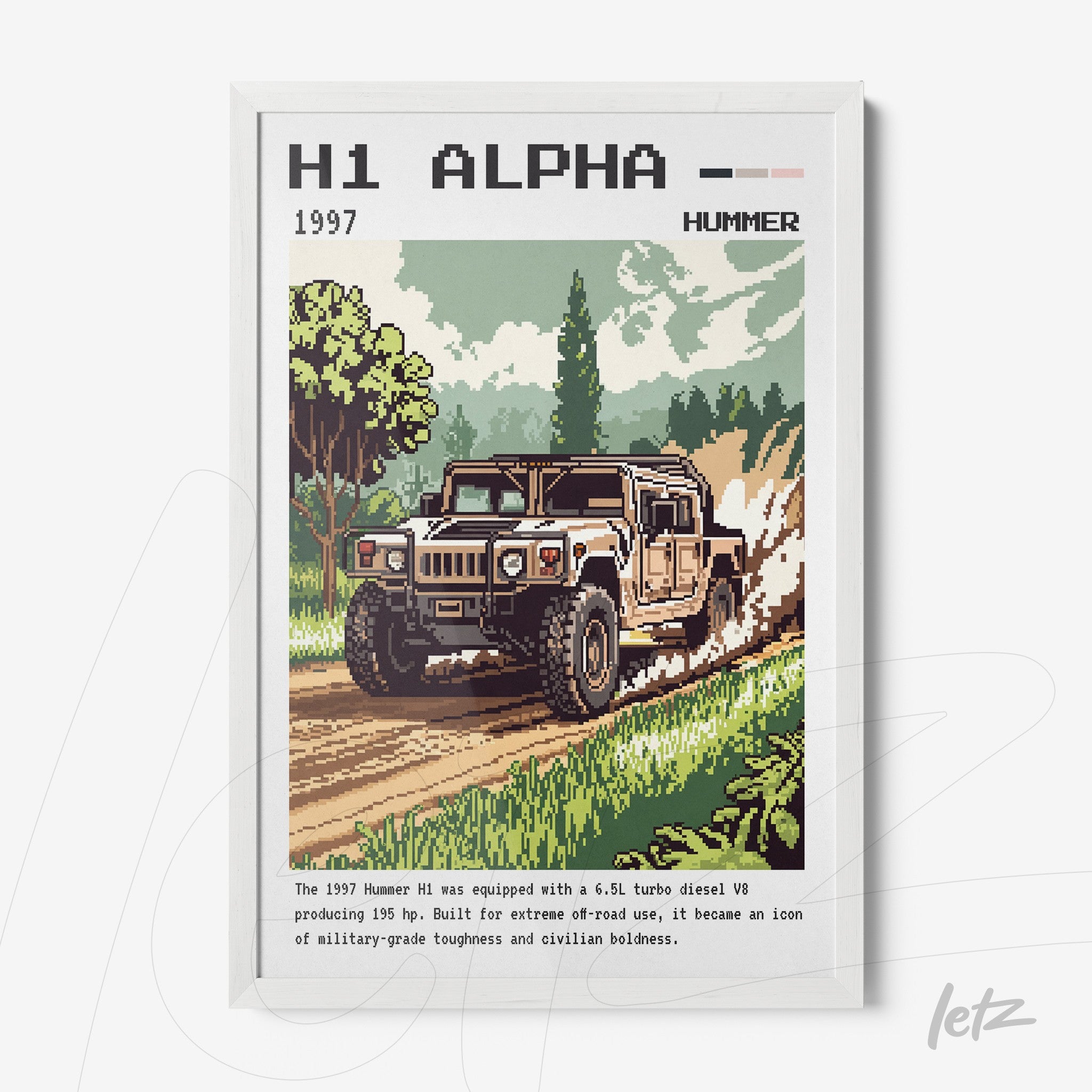 retro style framed artwork of the 1997 Hummer H1 with a white frame