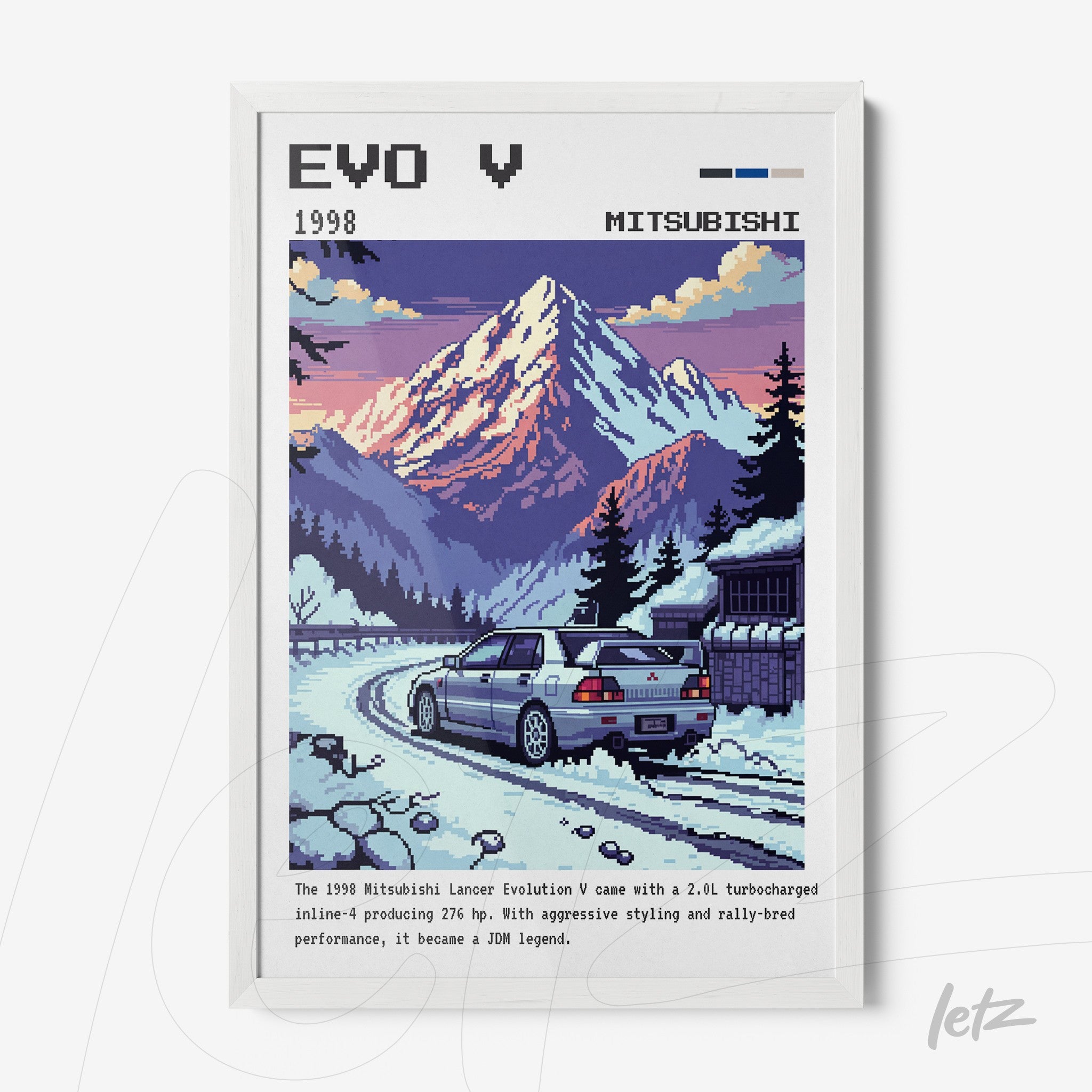 pixel art framed illustration of Mitsubishi Lancer Evolution V with mountains in the background and white frame