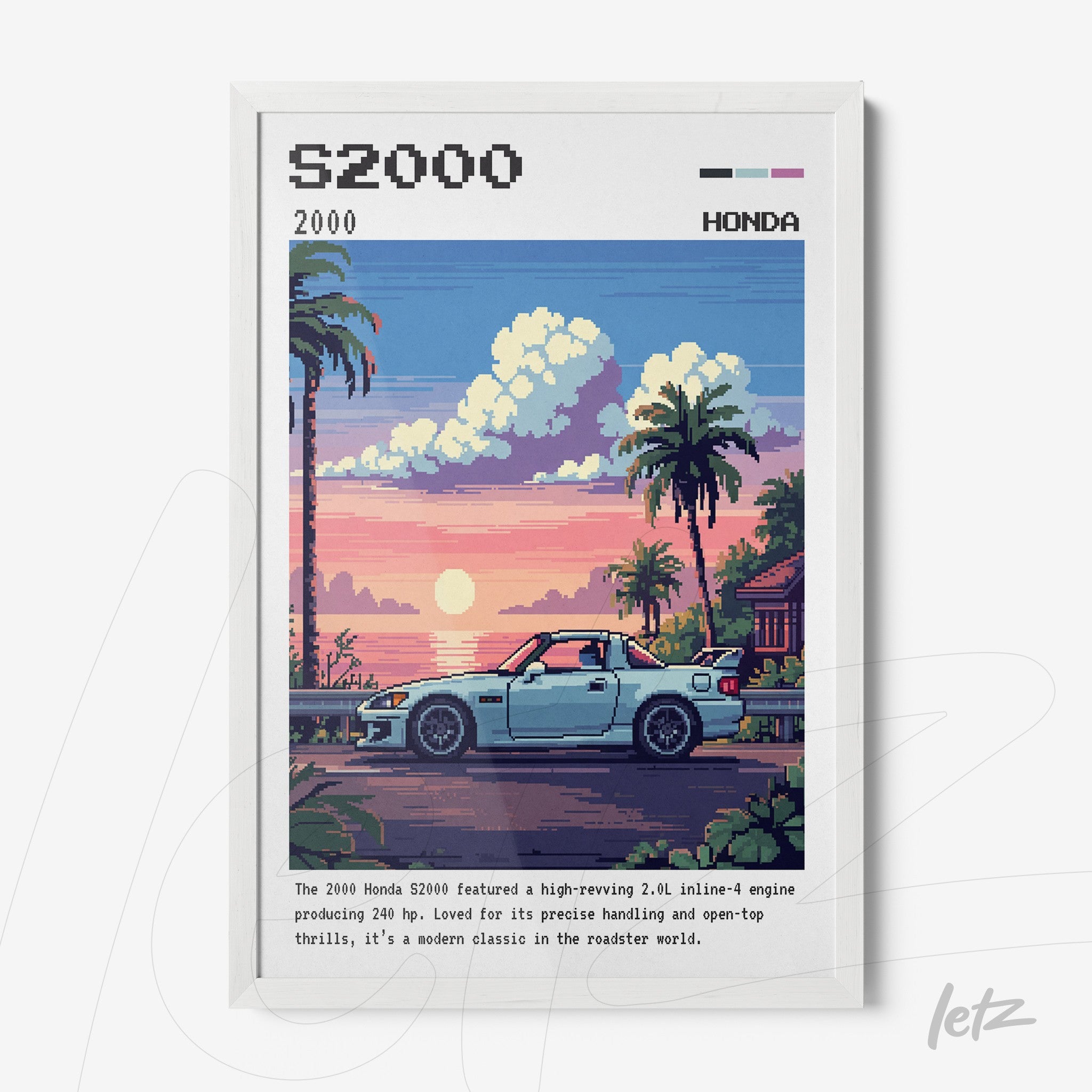 framed pixel art of a honda s2000 car at sunset by the seaside with white frame