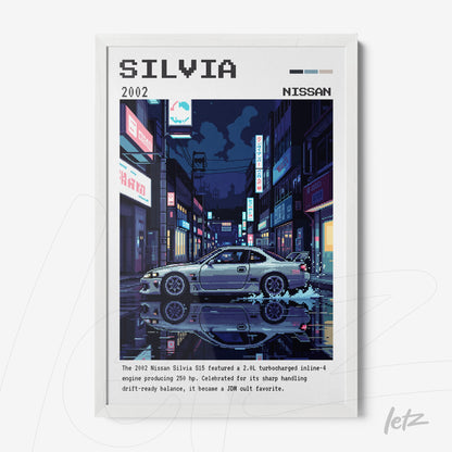pixel art print of a 2002 Nissan Silvia, framed in white, set against a nighttime urban backdrop with colorful storefront signs