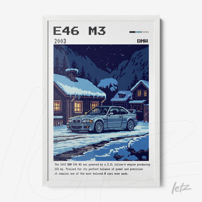pixel art of a BMW E46 M3 car in a nighttime landscape with wooden houses in the background and white frame