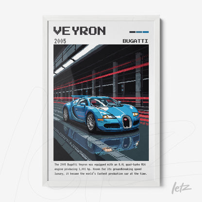 framed wall art featuring pixel art illustration of Bugatti Veyron sports car with bright racing track background