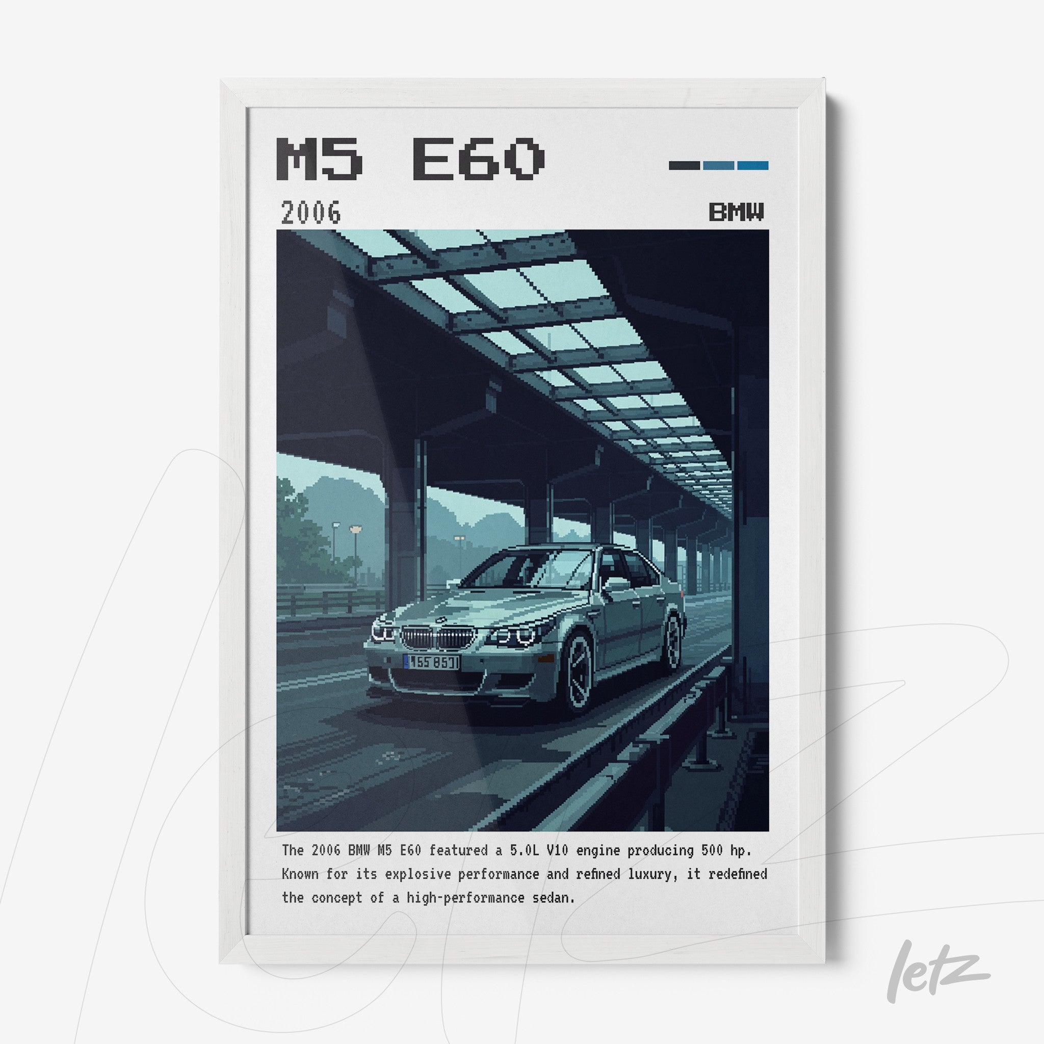 digital art of the 2006 BMW M5 E60 in white frame