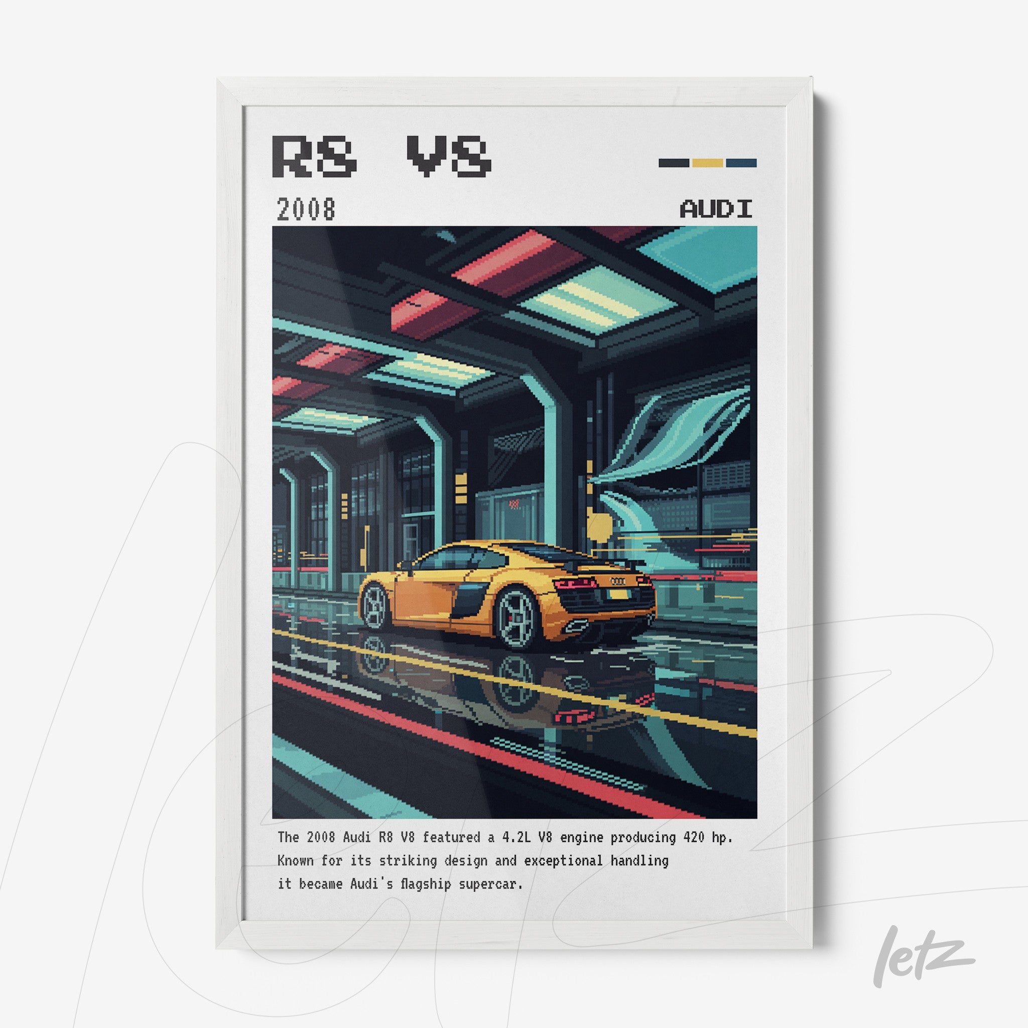 framed wall art featuring pixelated digital illustration of a yellow Audi R8 in a futuristic setting