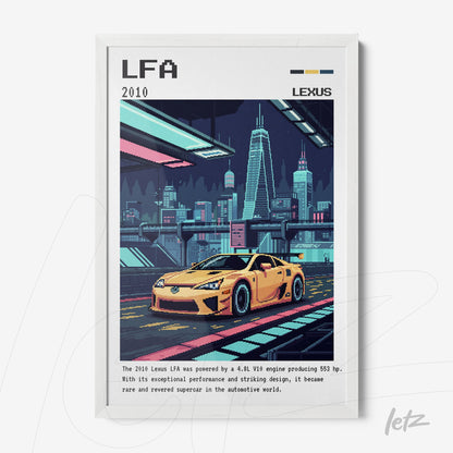 framed digital art of a yellow sports car set in a nighttime cityscape with a white frame