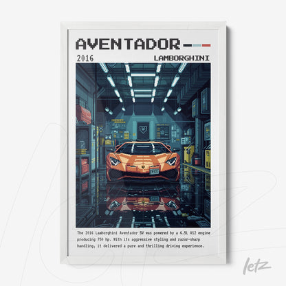 framed wall art featuring digital illustration of Lamborghini Aventador in a garage setting showcasing vibrant colors and technological details