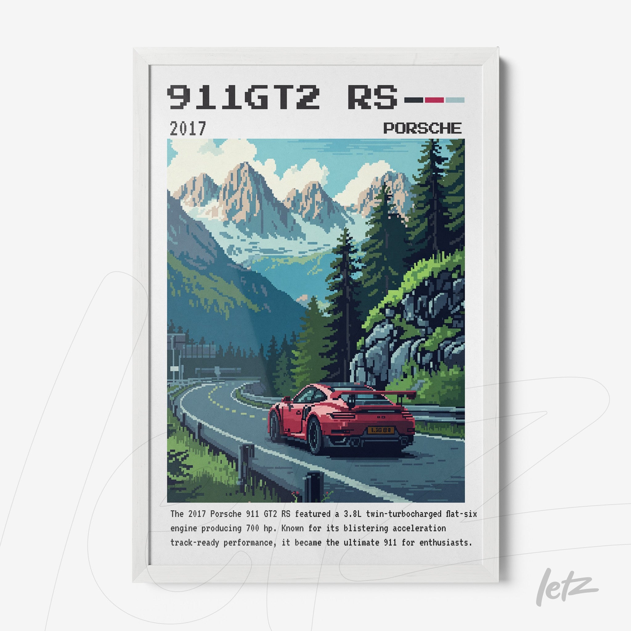 framed digital artwork of a Porsche 911 GT2 RS on a mountain road with white frame