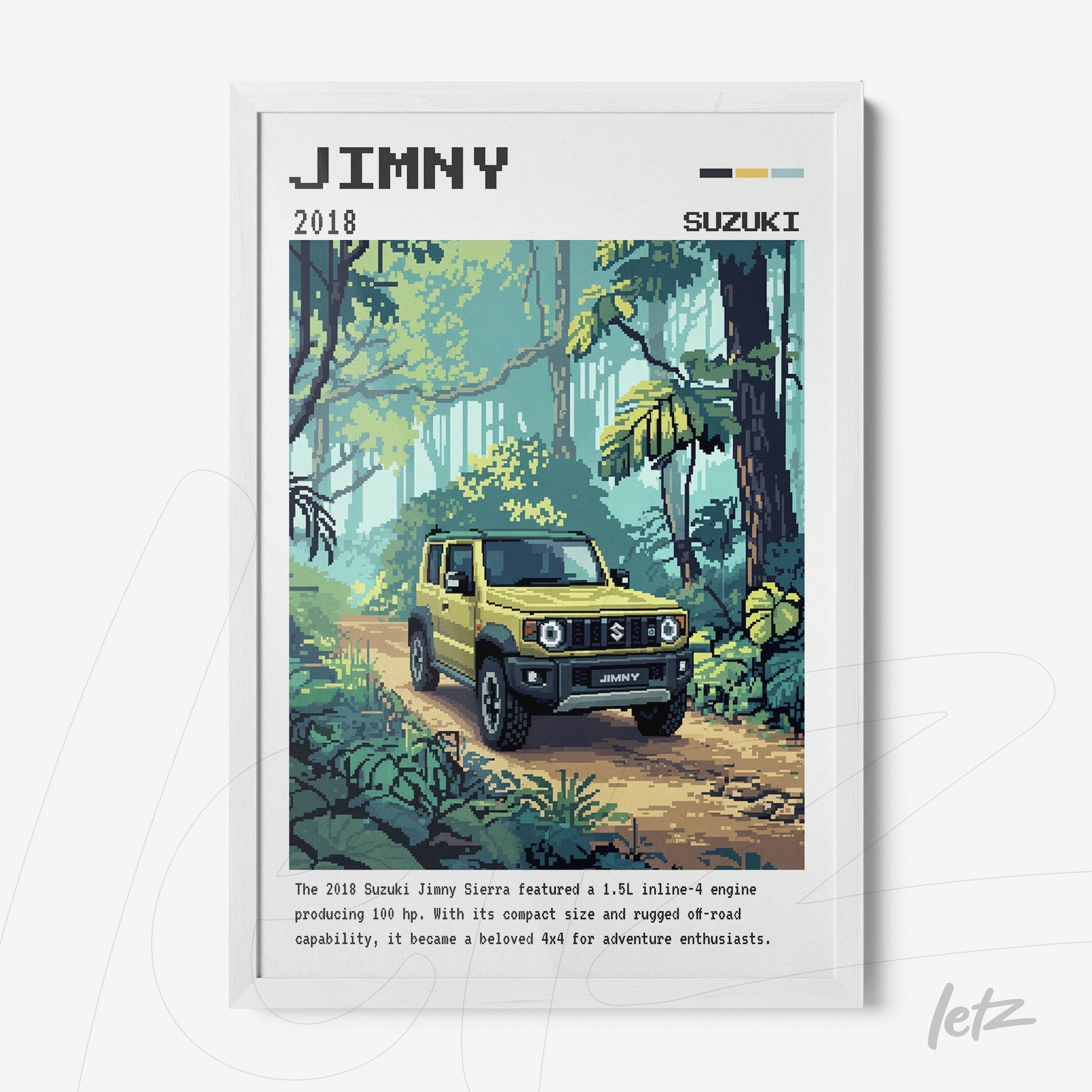 framed pixel art depicting a yellow Suzuki Jimny in a lush tropical forest with vibrant vegetation