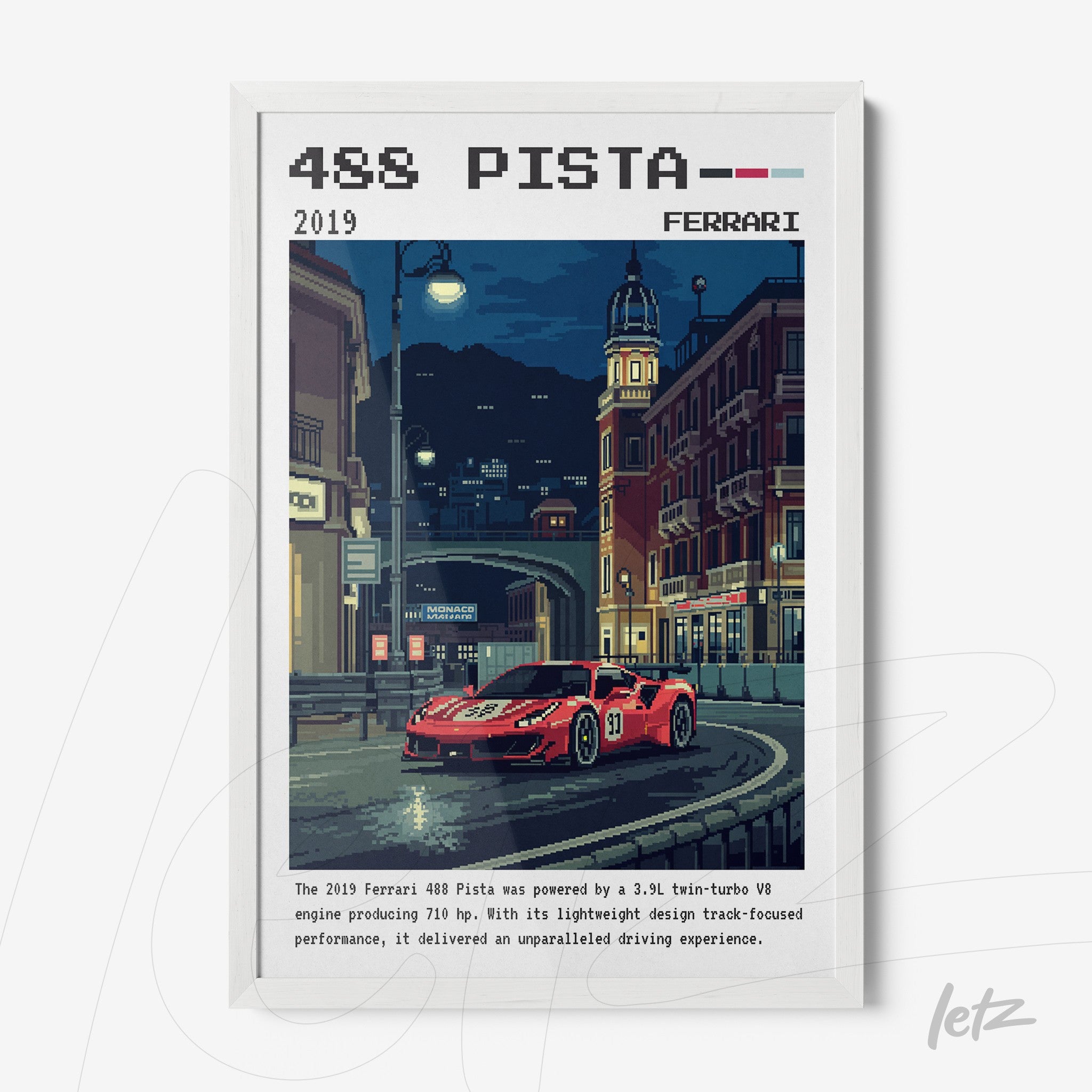 pixel art print of a Ferrari 488 Pista car in a nighttime city scene with a white frame