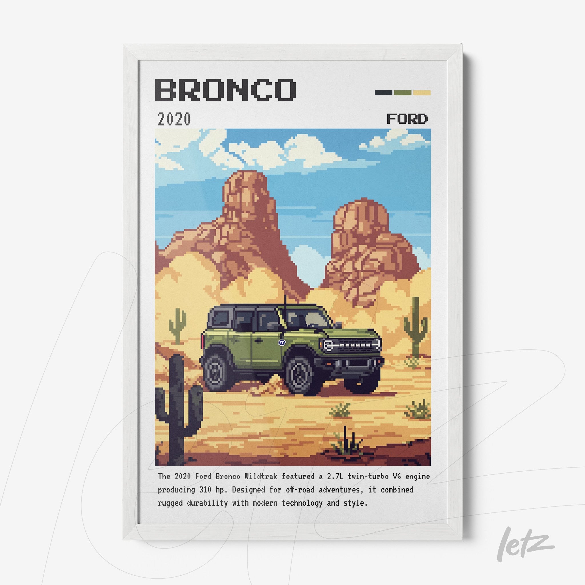 framed pixel art of the 2020 Ford Bronco with a desert landscape and cacti in the background