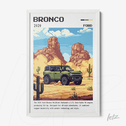 framed pixel art of the 2020 Ford Bronco with a desert landscape and cacti in the background