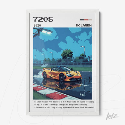 framed pixel art of a McLaren 720S sports car on a wet track