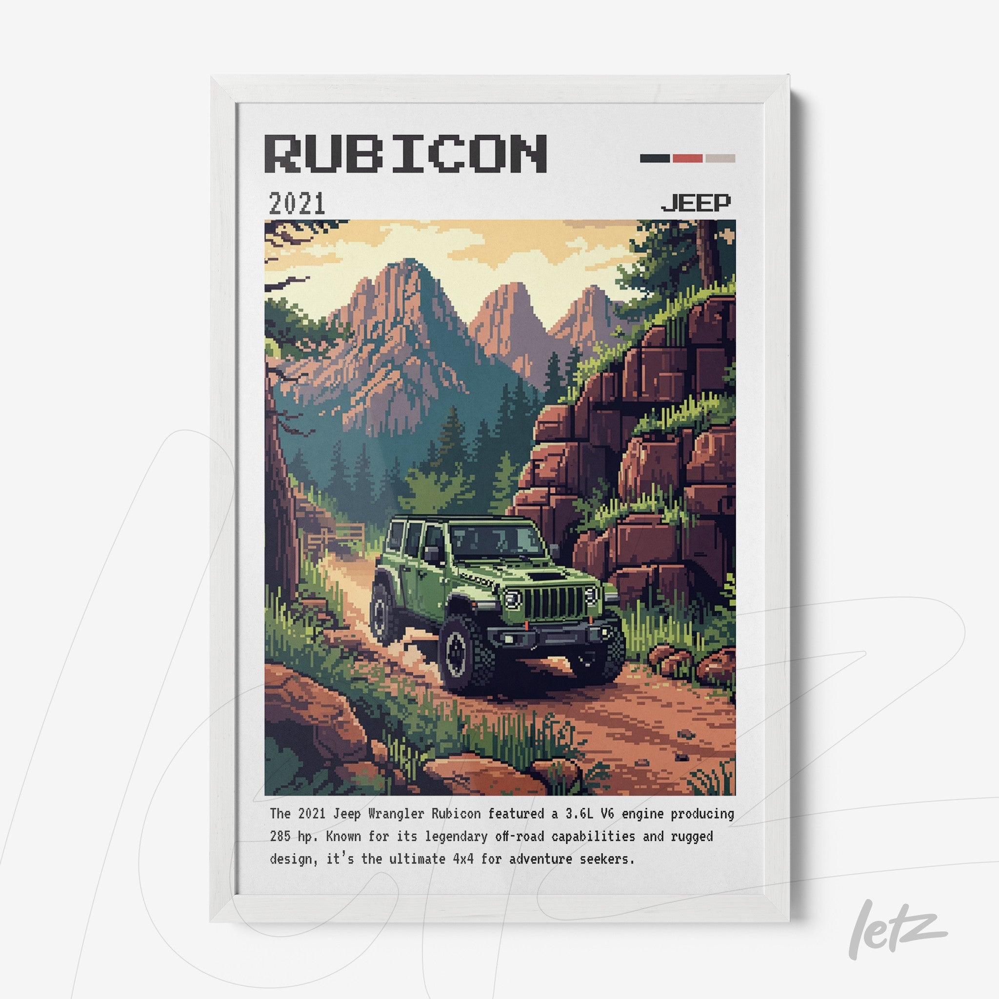 retro style digital art of a jeep wrangler rubicon on a mountain trail with a white frame