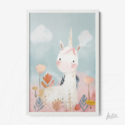 framed art featuring a cute unicorn surrounded by flowers and clouds with light blue background