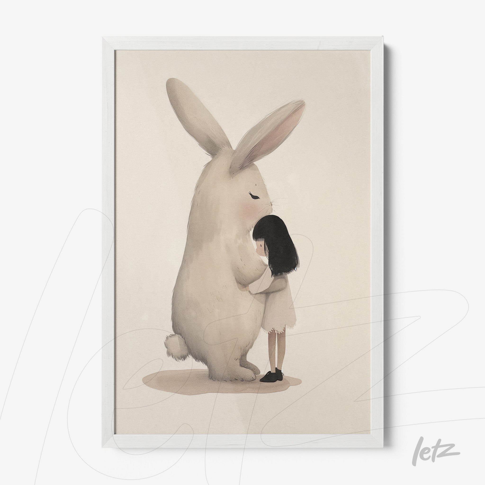 framed artwork featuring a gentle illustration of a girl hugging a large rabbit with a white frame