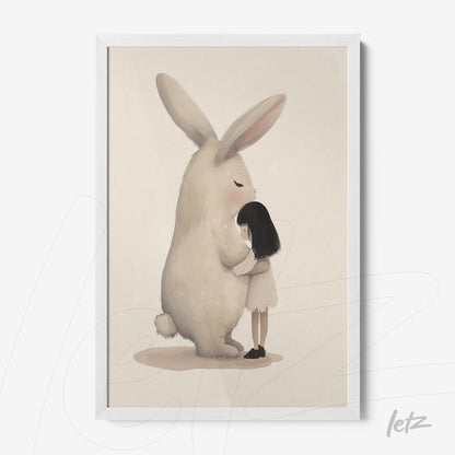 framed artwork featuring a gentle illustration of a girl hugging a large rabbit with a white frame
