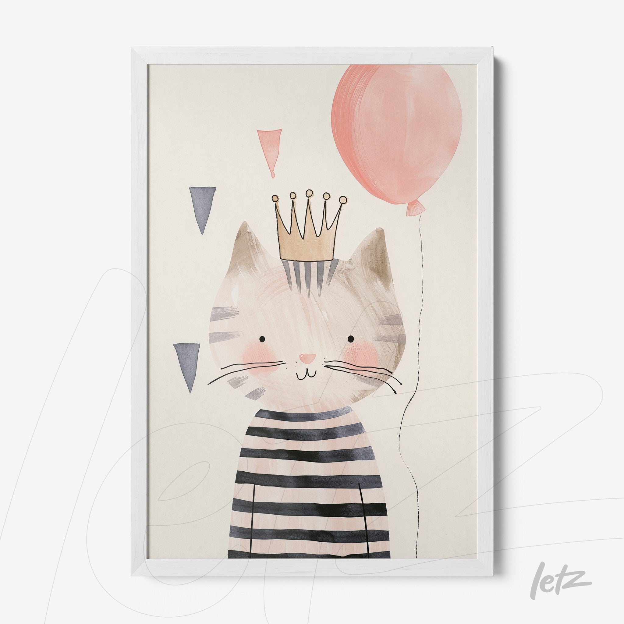 framed artwork of a striped cat wearing a crown and holding a pink balloon