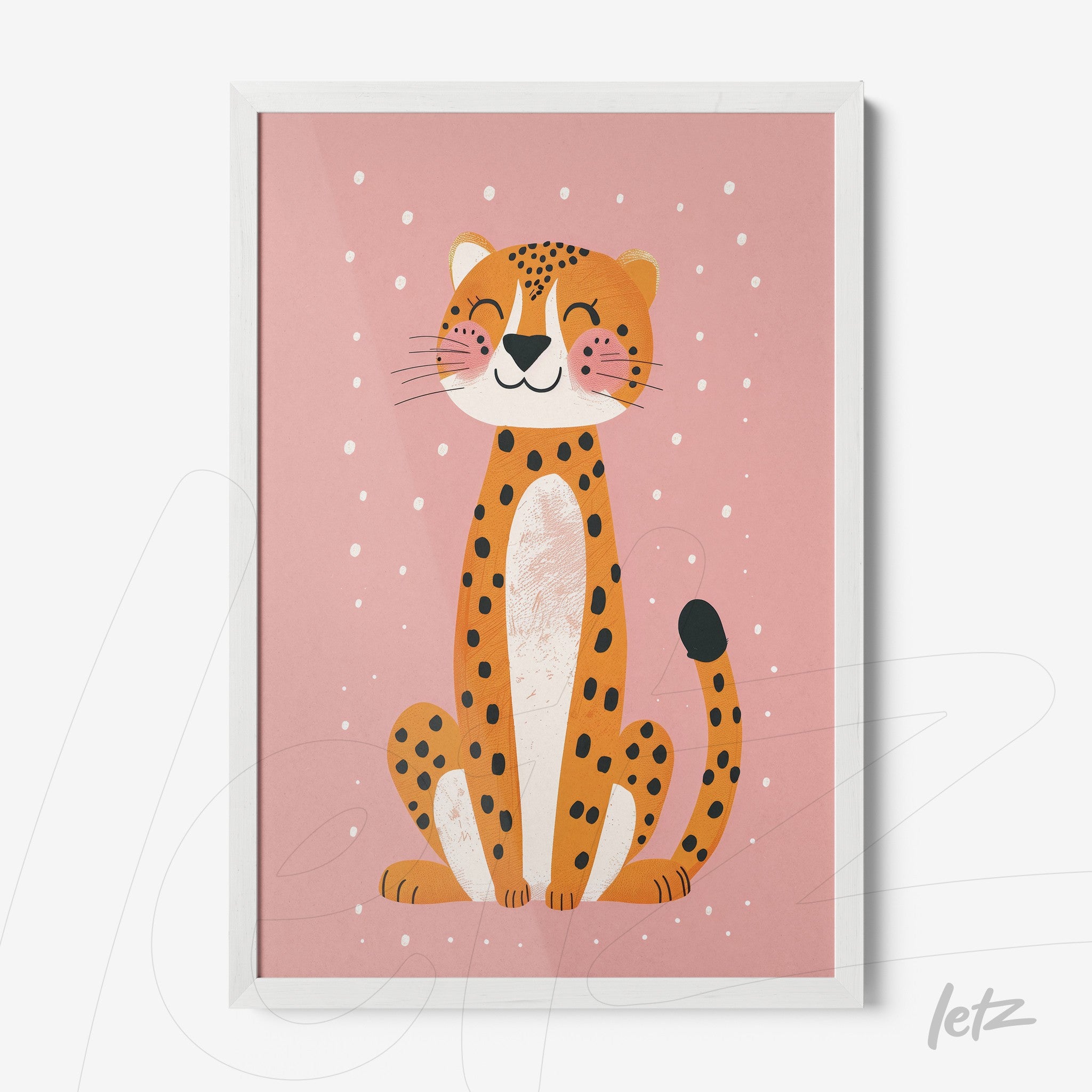 framed illustration of a smiling leopard on pink background with white frame