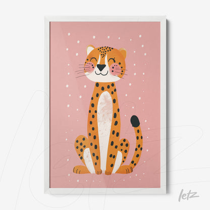 framed illustration of a smiling leopard on pink background with white frame