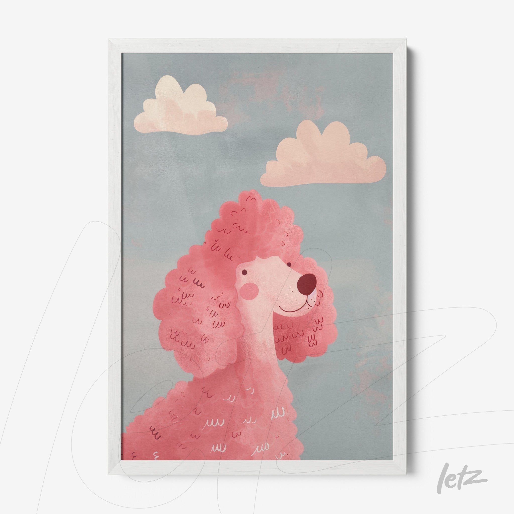 framed artwork featuring a pink poodle under a blue sky with light clouds in a white frame