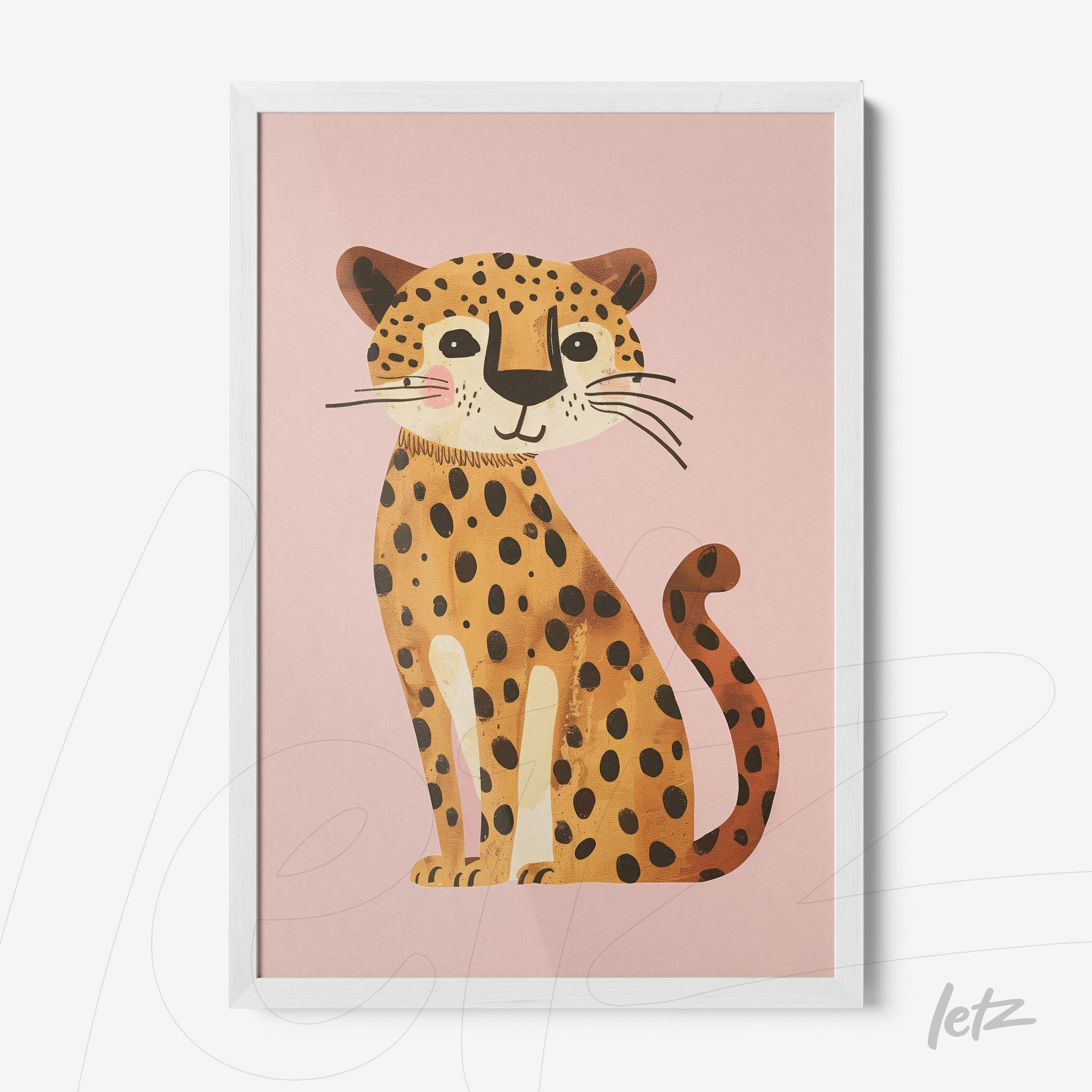 framed child-friendly illustration of a jaguar against a pink background