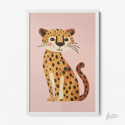 framed child-friendly illustration of a jaguar against a pink background